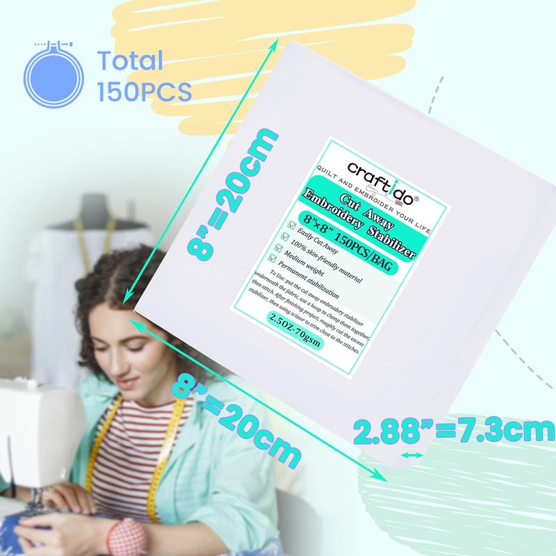 craftido 8"x8" 150 Sheets Cut Away Embroidery Stabilizer Backing for 4x4 and 6x6 Hoops 2.5oz Medium Weight for Machine Embroidery and Hand Sewing - Image 2